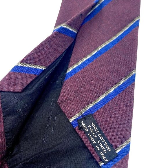 ETRO Vintage  Mens Necktie Cotton Burgundy Red Stripe Narrow Tie - Picture 5 of 8